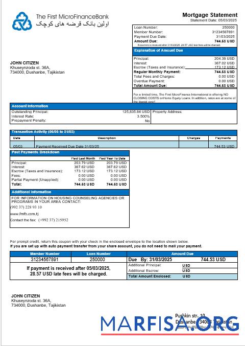 Realistic Tajikistani The First MicroFinance (FMFB) mortgage statement in Word and PDF formats real example